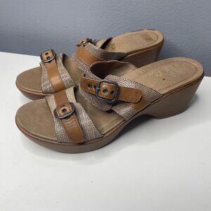 DANSKO tan leather wedge double buckle slip on sandals 38
